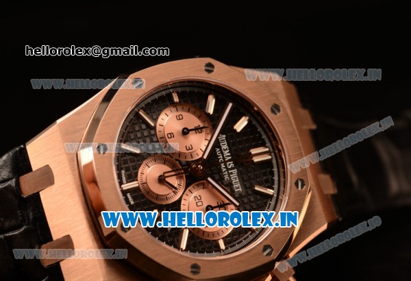 Audemars Piguet Royal Oak Chronograph Swiss Valjoux 7750 Rose Gold Case with Black Leather Strap Black Dial and Gold Three Subdials 1:1 Original EF - Click Image to Close